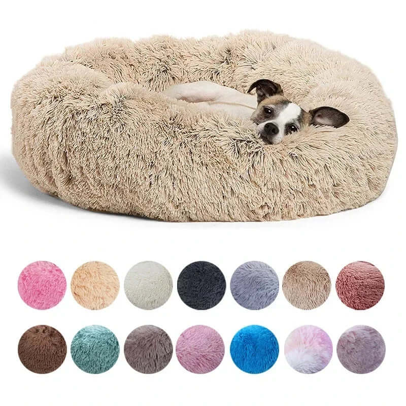 Super soft round pet bed for large dogs and cats, featuring plush material and available in various colors.