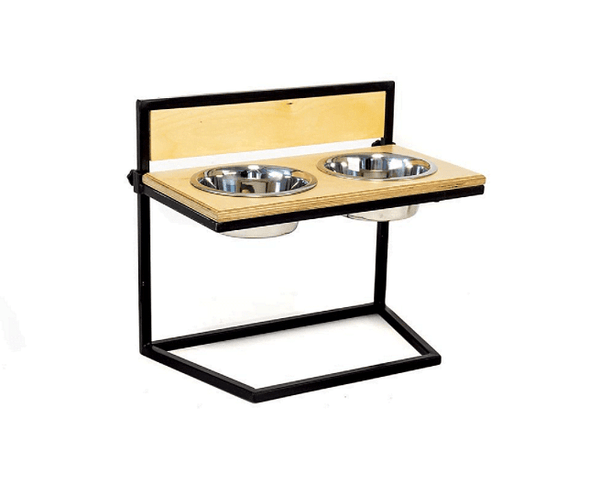 Ръчно изработена стойка Dstoop с регулируеми купи за храна за кучета и котки, изработена от бор и метал.