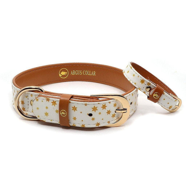 ARGUS collar and bracelet set in white with gold stars, featuring high-quality synthetic leather and stylish design.