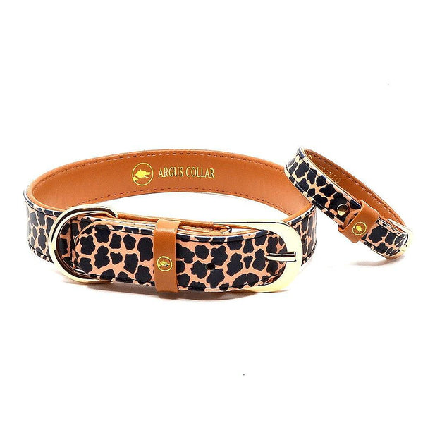 ARGUS jungle collar and matching friendship bracelet in leopard design, crafted from high-quality synthetic leather.