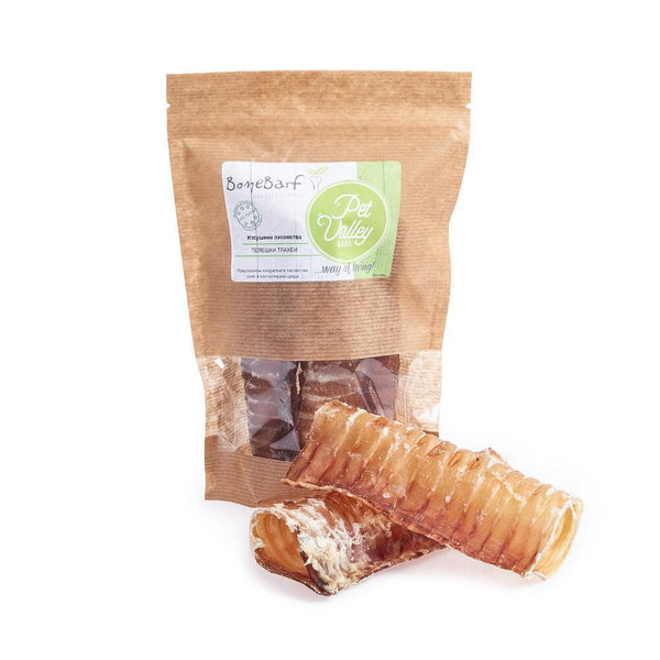 BoneBarf beef trachea dog treat in a brown kraft bag, ideal for dogs over 10 weeks, gluten-free, low-fat.