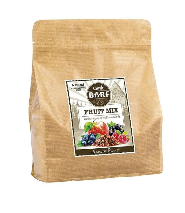 Canvit Fruit Mix packaging for dogs, featuring a blend of fruits and herbs in a natural lightweight bag.