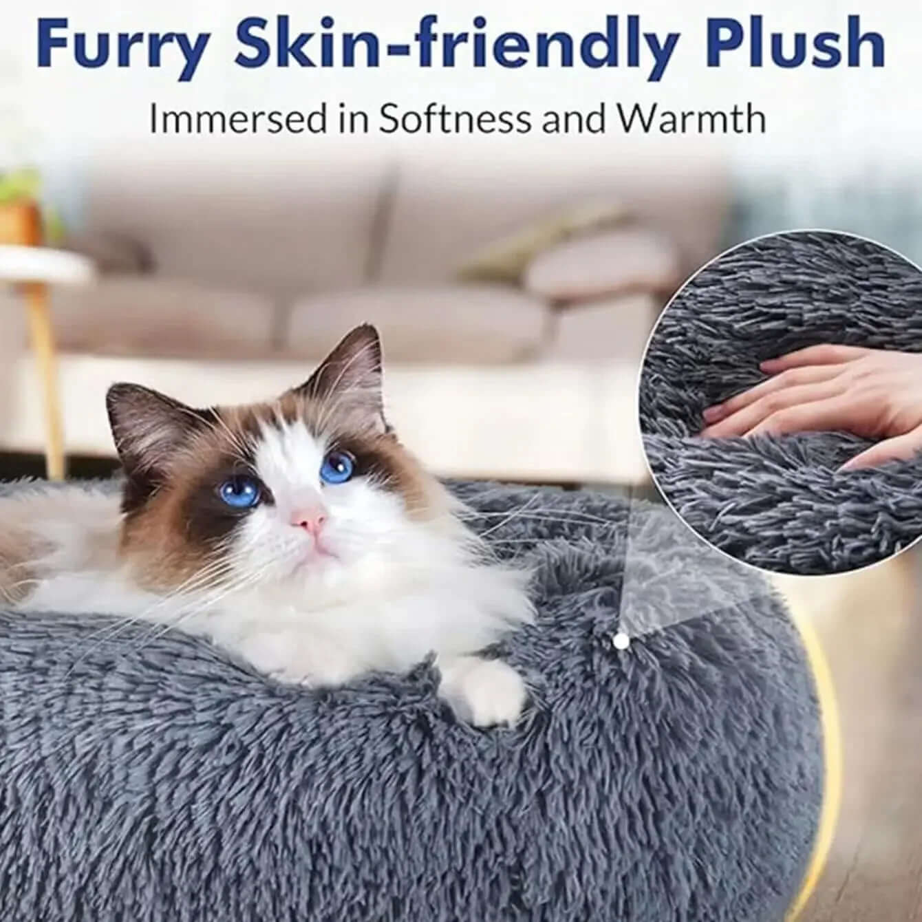 Large pet bed made of furry plush, showing a relaxed cat surrounded by softness and warmth.