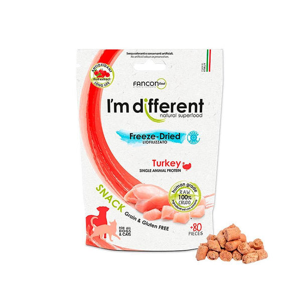 I'm different freeze-dried turkey snack for dogs, gluten and grain-free, 80 pieces.