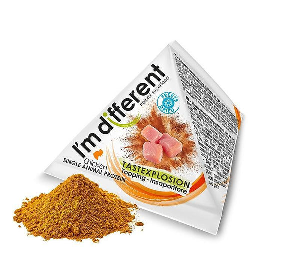I'm different TastExplosion chicken topper with powdered texture for picky dogs.