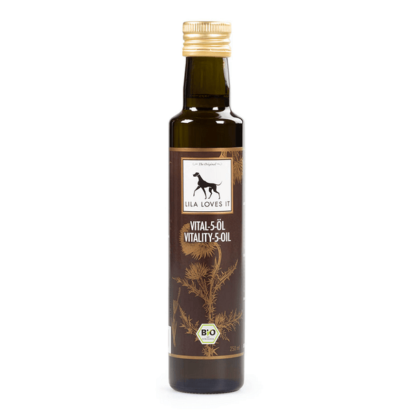 Lila Loves It VITALITY-5-OIL 250ml bottle, premium oil for healthy skin and shiny coat.
