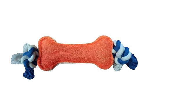 Луфа дентална играчка кокал с въже 16см, подходяща за млади кучета, почиства зъбите и успокоява.