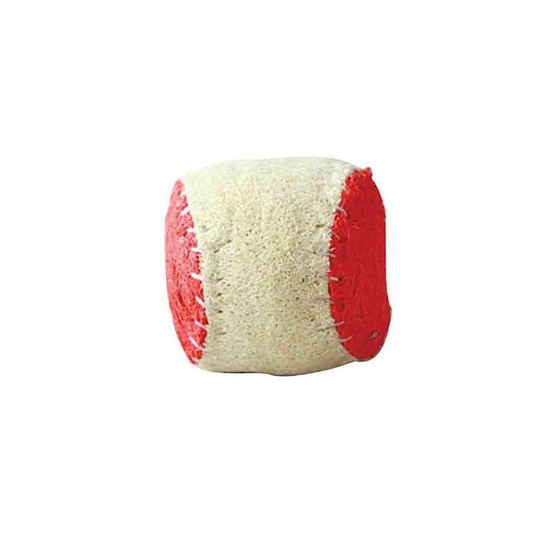 Луфа дентална играчка Топка в червено и бяло, безопасна и смилаема за кучета.