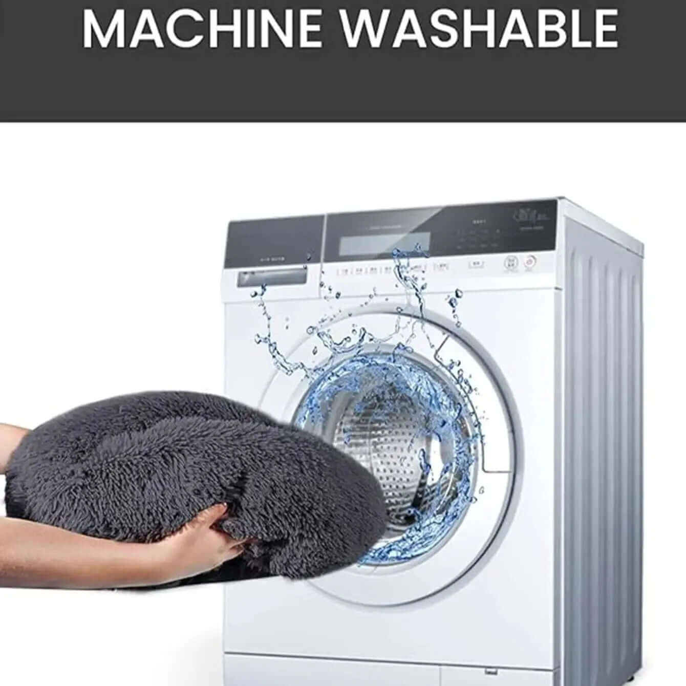 Machine washable plush pet bed being placed into a washing machine, showcasing easy cleaning features.