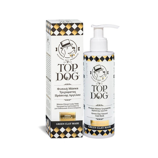 TOP DOG Green Clay Mask for pets in a pump bottle and box, ideal for deep coat restoration with natural ingredients.