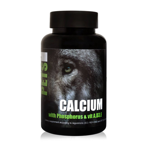 Mega Pets Calcium supplement bottle with phosphorus and vitamins A, D3, E for pet health support.