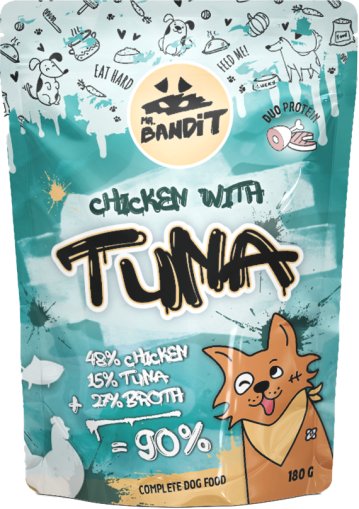 MR. BANDIT CHICKEN & TUNA wet dog food pouch with nutrient-rich ingredients for healthy dogs.