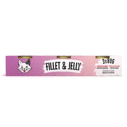 Mr. Bandit Fillet & Jelly mix packaging for cats, 3x80g including chicken, beef, tuna, and salmon flavors.