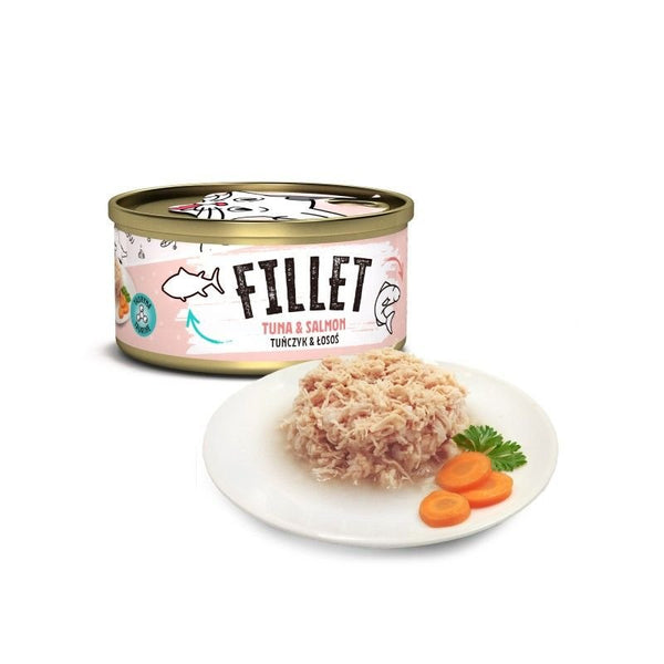 Mr. Bandit Tuna and Salmon fillet in a can with served dish of flaked meat and carrots.