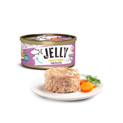 Mr. Bandit Jelly Tuna with cheese, 80g, served on a plate with garnishes, perfect for cat hydration and nutrition.