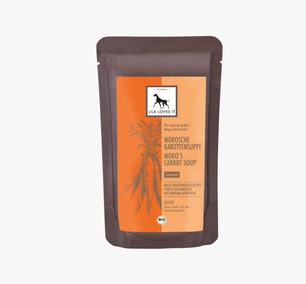 Опаковка на органична моркова супа по рецепта на Моро, 130г, с натурални съставки в ярък дизайн.