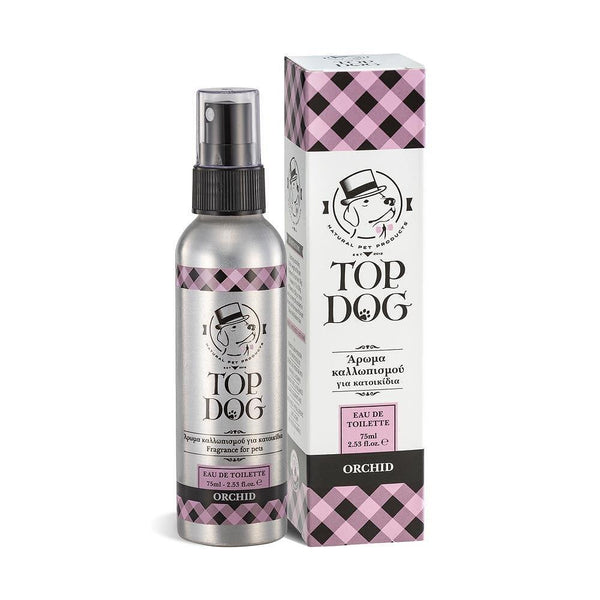 Top Dog Orchid eau de toilette for pets in a sleek spray bottle with a stylish box packaging.