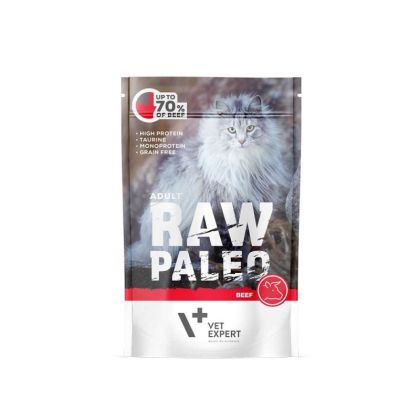Пауч Raw Paleo Adult Beef 100g за котки, високопротеинова, безглутенова храна от Vet Expert.