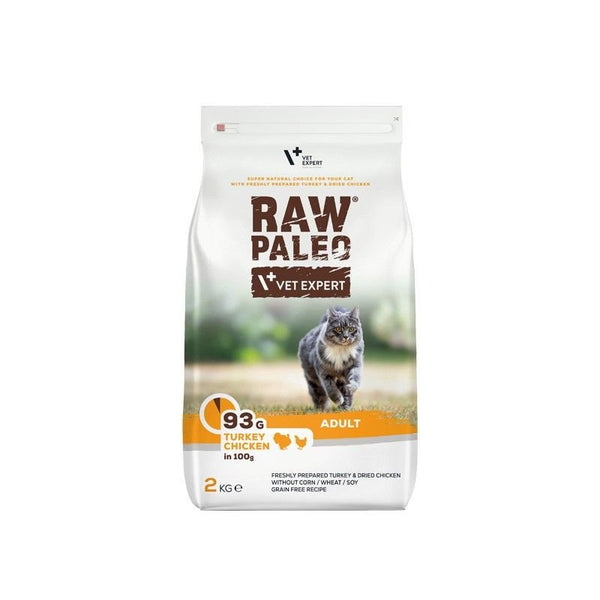 RAW PALEO Adult Cat food packaging with turkey and chicken, 2 kg, grain-free formula for mature cats.