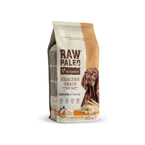 Raw Paleo Healthy Grain Chicken dog food bag for adult dogs of all breeds with chicken and barley.