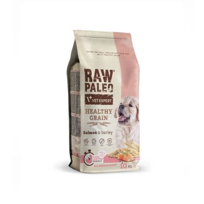 Packaged Raw Paleo Healthy Grain Puppy Food with Salmon and Barley for all breeds.