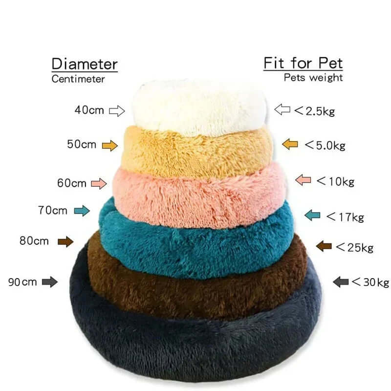 Stacked round pet beds in various sizes and colors with weight limits for small to large pets.