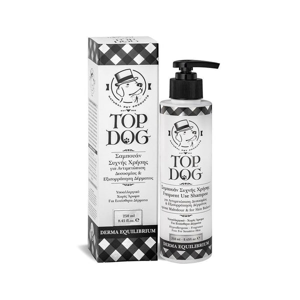 Шампоан Top Dog Derma Equilibrium 250ml за честа употреба, с активни съставки за грижа за кожата на домашните любимци.