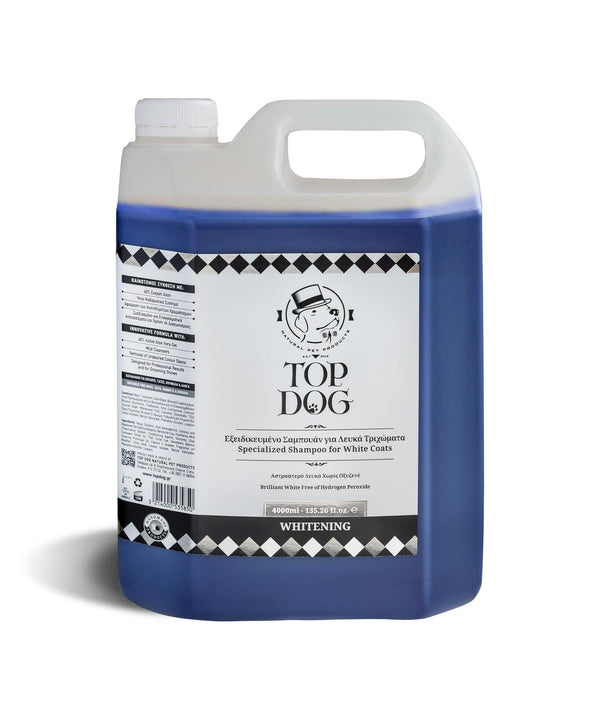 Шампоан WHITENING 4 LT за бяла козина с индиго багрило, специализиран за домашни любимци.