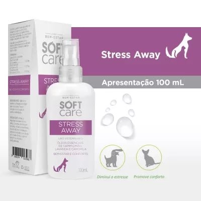 Soft Care Stress Away 100ml calming spray with essential oils for pets, reducing stress and promoting comfort.