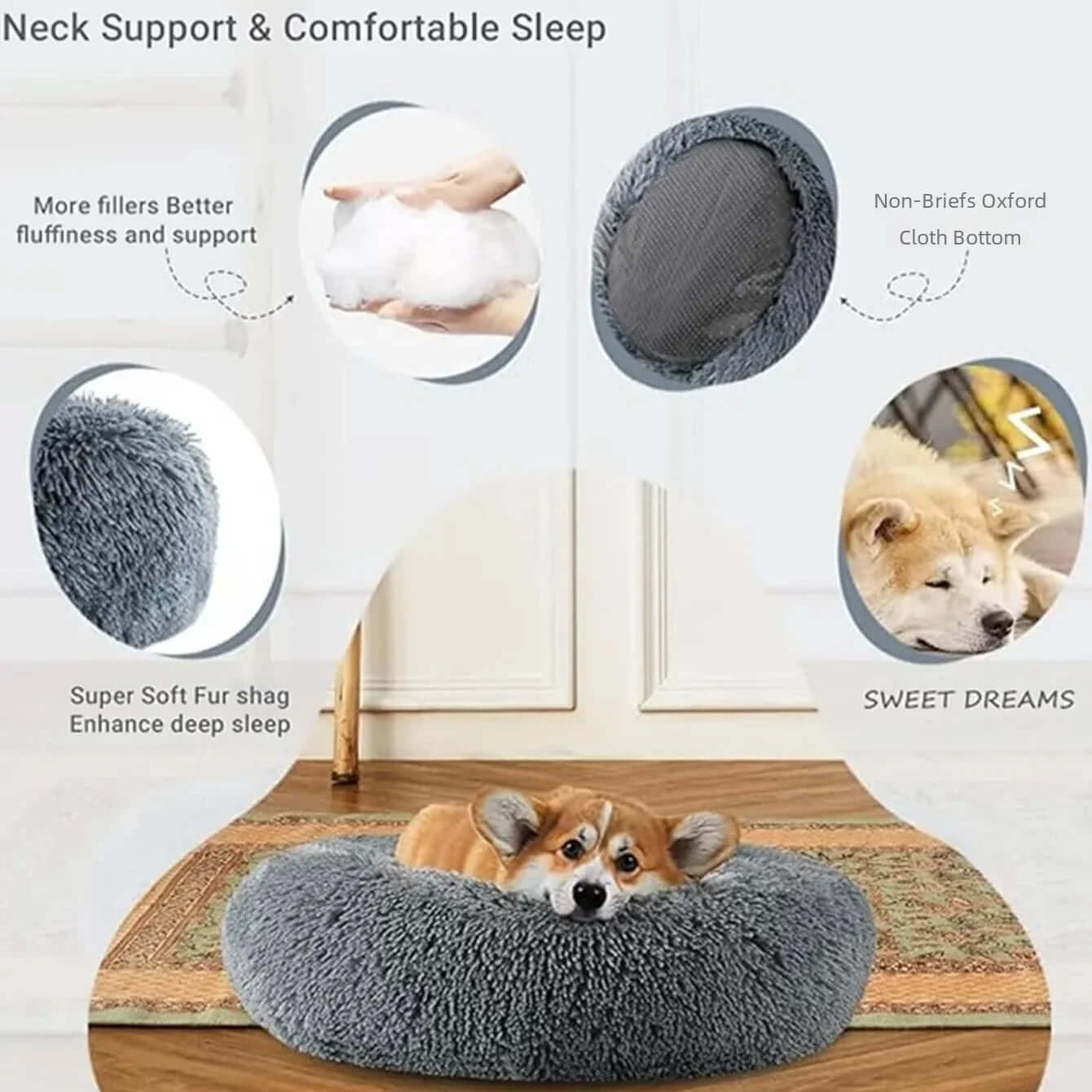 Round pet bed with soft shag fur for dogs, providing neck support and comfortable sleep.