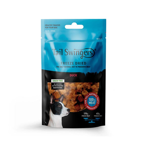 Tail Swingers Freeze Dried Duck dog treats packaging showcasing grain-free, 100% meat snacks for healthy pets.
